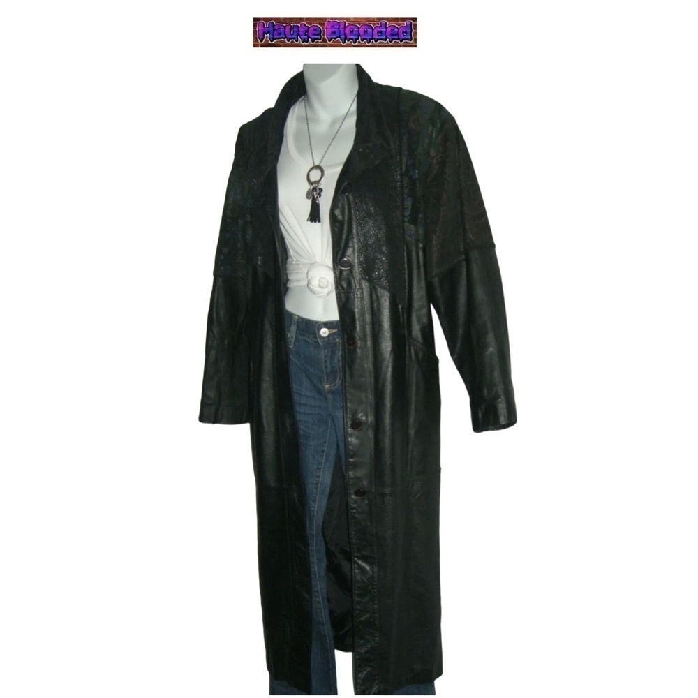 Vintage 90's Long Black Leather Trench Coat Holographic Boho Print Floor Length - Picture 6 of 15